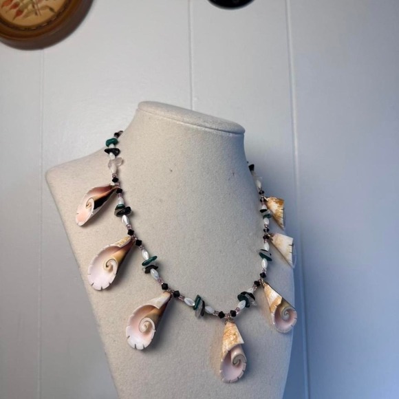 Handmade Shell Fringe Statement Necklace Gemstone Beaded Coastal Boho Beach - Picture 2 of 8
